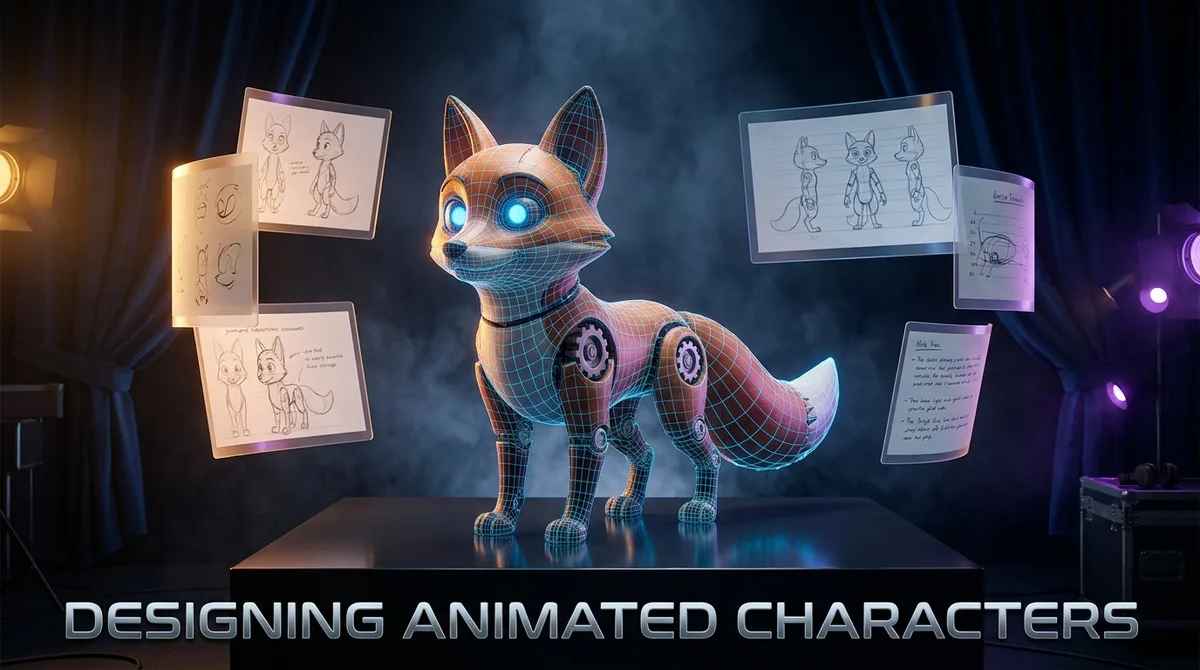 A 3D robot fox character with wireframe overlay and concept sketches