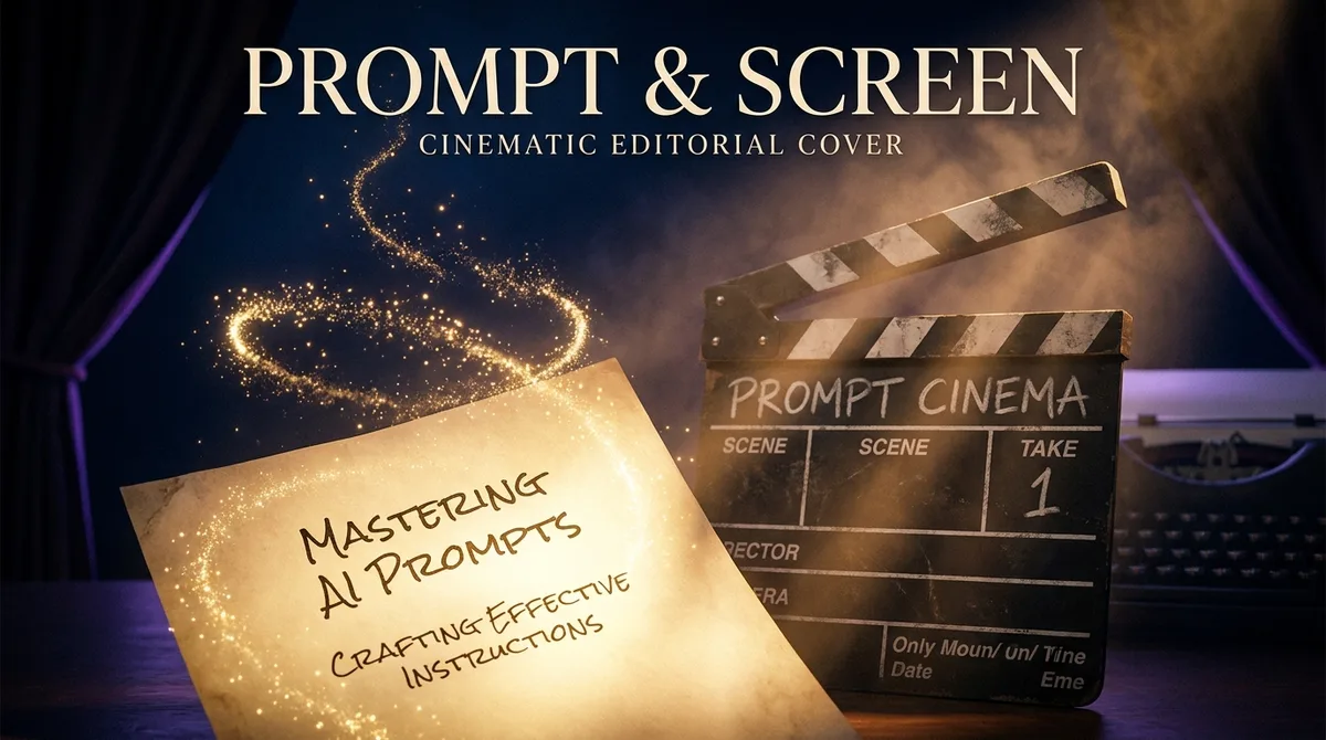 A glowing script page beside a film clapperboard