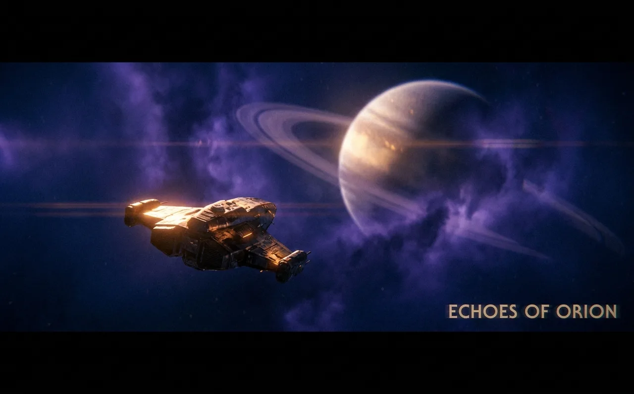 A cinematic spacecraft drifting past a ringed planet, rendered by Donnyfy's AI