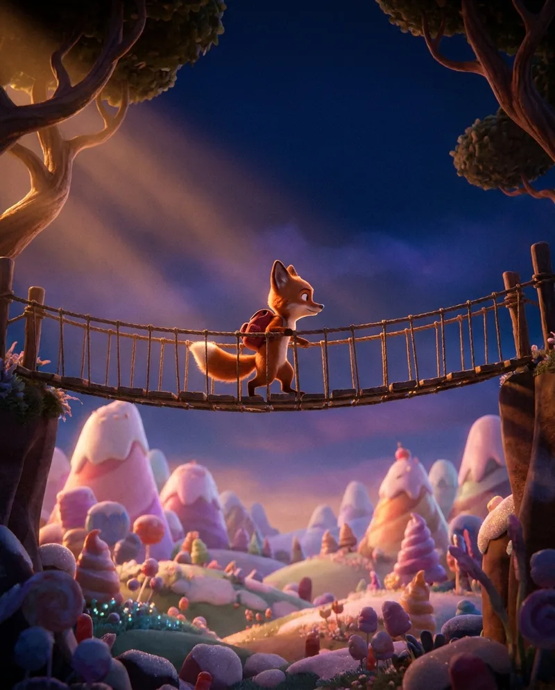 A brave animated fox crossing a candy-colored valley