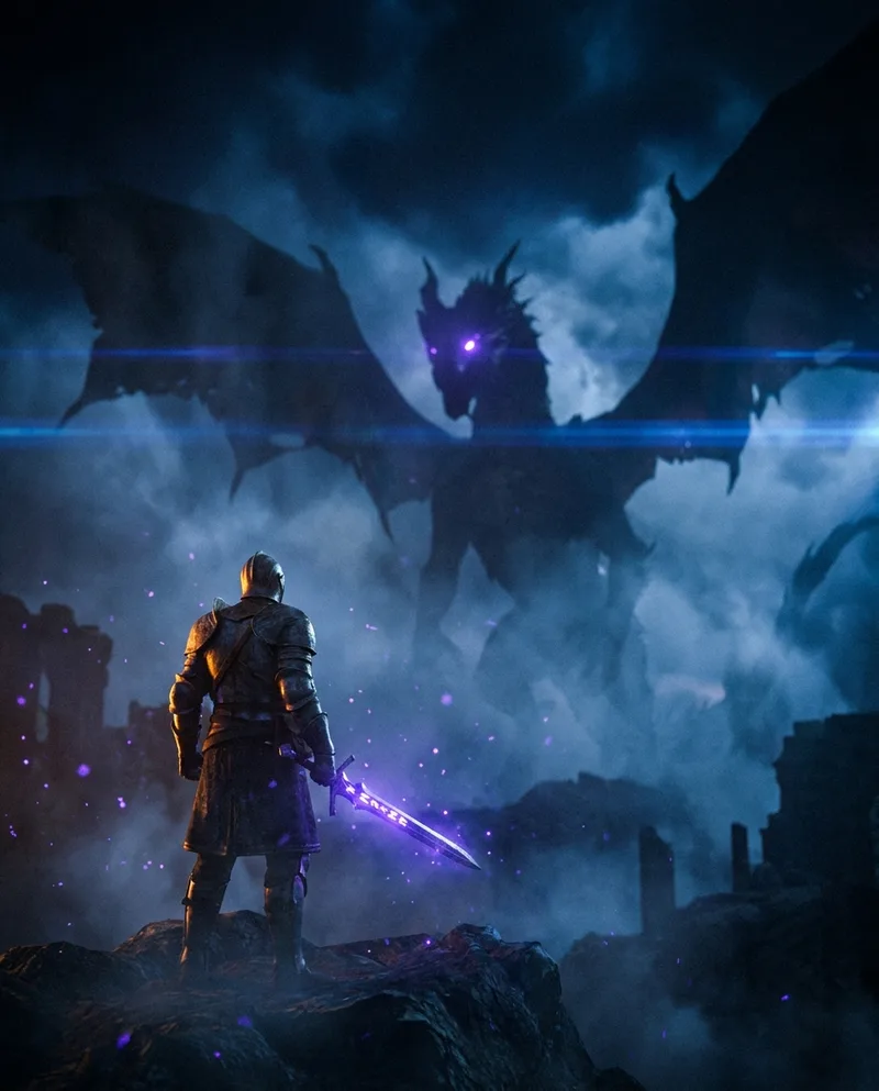 Fantasy knight with a violet sword facing a dragon