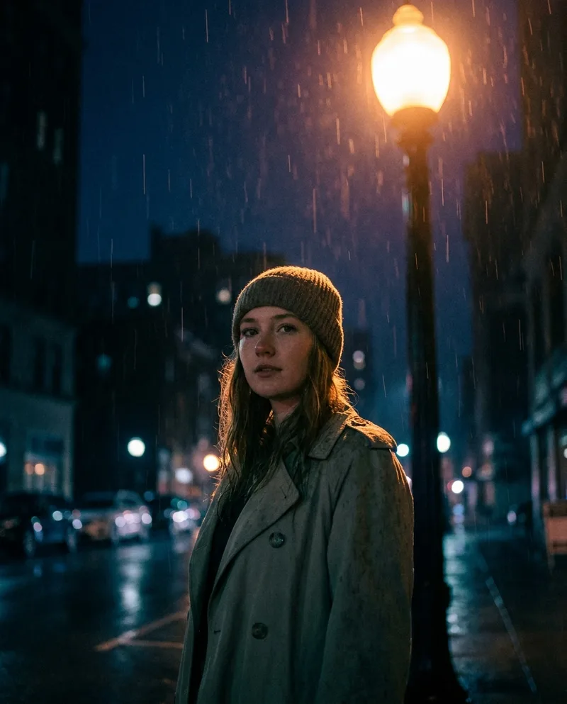 Woman under tungsten streetlight in the rain — a cinematic still