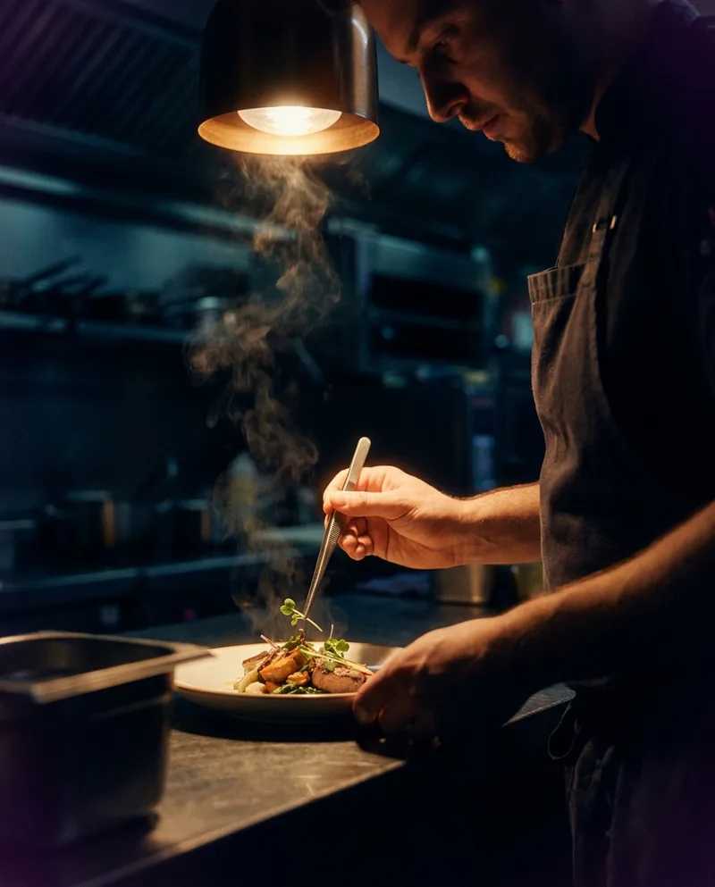 Chef plating a dish in a dark kitchen — cinematic commercial still