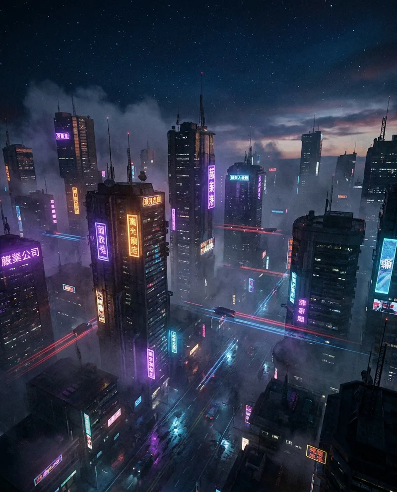 A neon cyberpunk street scene — a custom project still