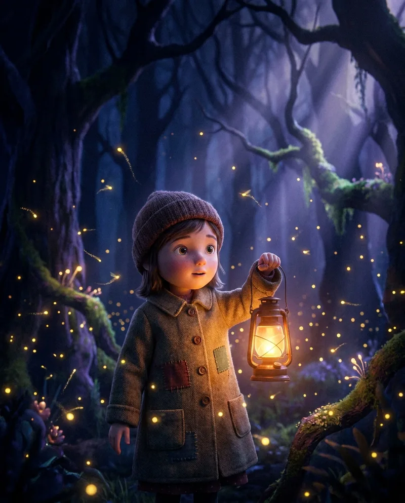 Girl with a lantern in a firefly forest — children's animation still