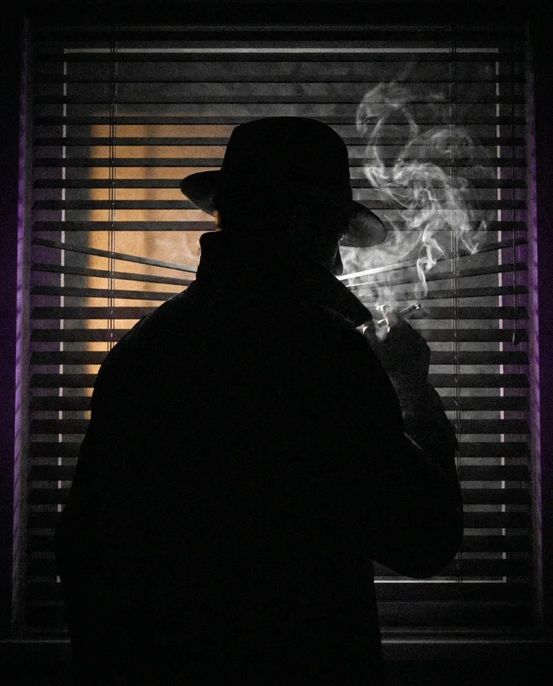 Detective in shadow behind venetian blinds — noir film still