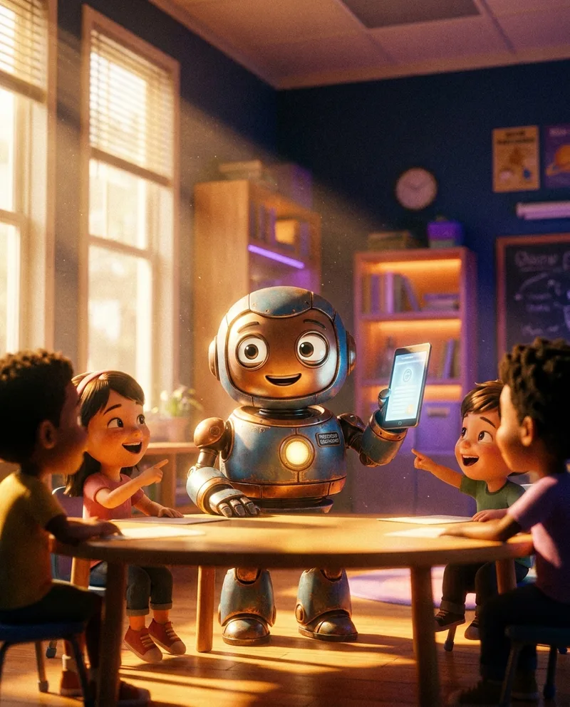 Friendly robot character in a sunny schoolroom — animated episode still